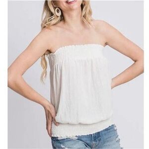 Anthropologie Colusa Smocked Strapless White Top Size Large Lined Flowy Tube Top